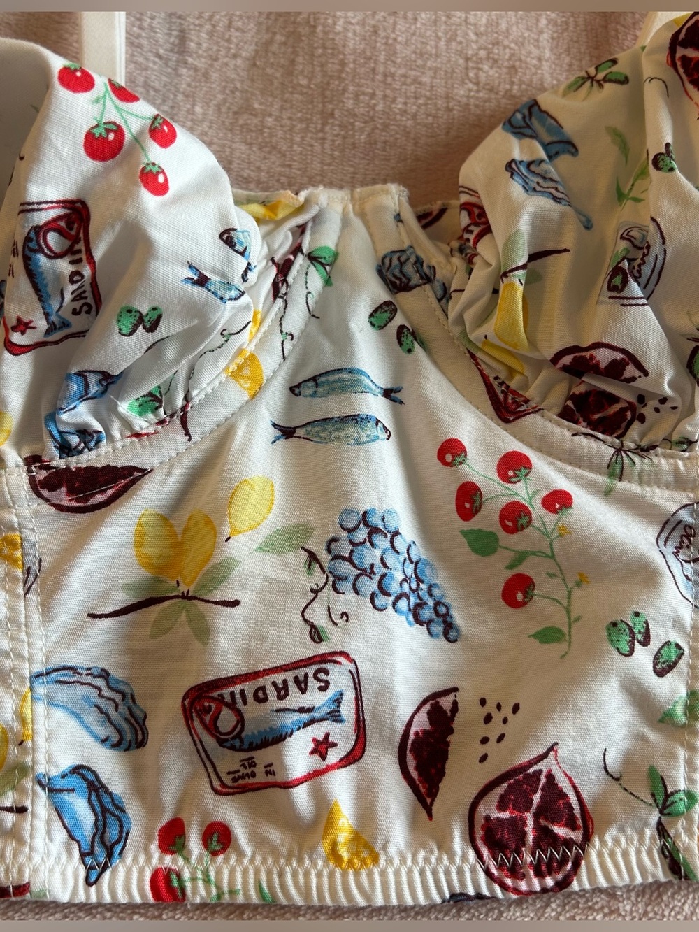 Colsie white fruit and sardine print corset bra size S festival kitschy coastal - Picture 2 of 9